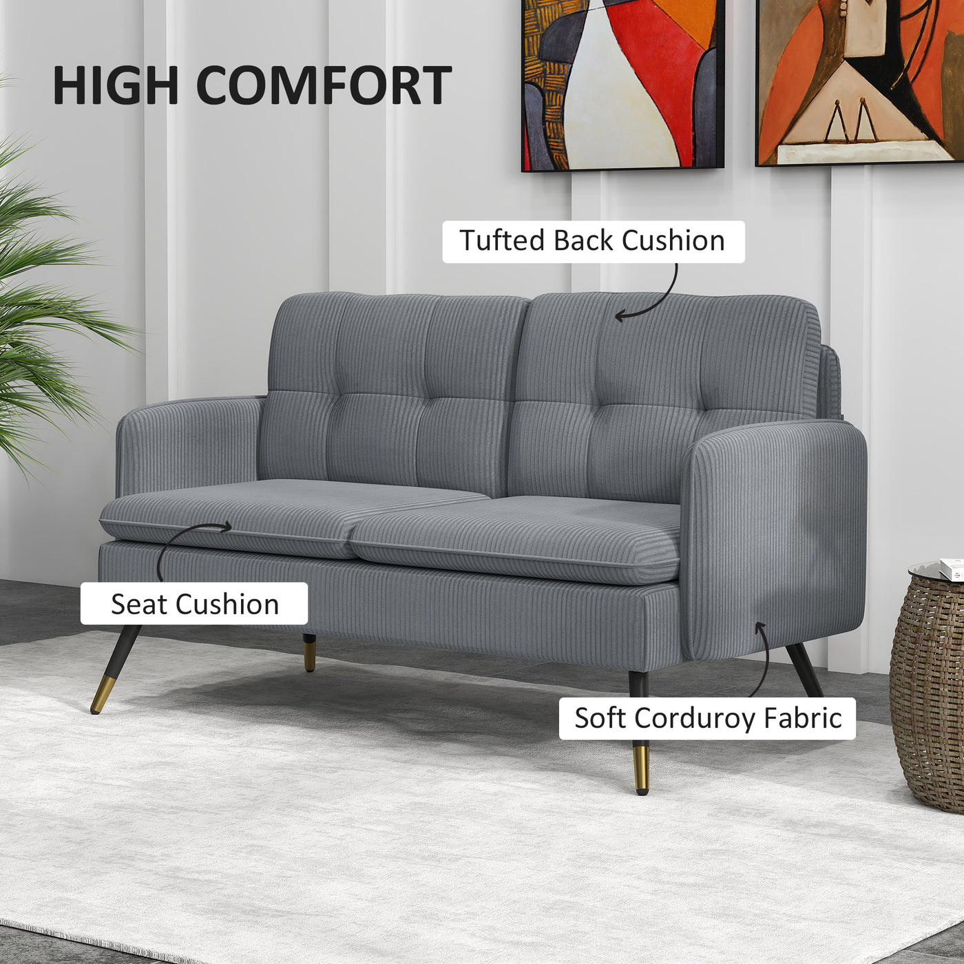 55" Loveseat Sofa, Corduroy Love Seat w/ S spring, Steel Legs and Button Tufting, Small Couch for Living Room, Dark Grey