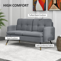 55" Loveseat Sofa, Corduroy Love Seat w/ S spring, Steel Legs and Button Tufting, Small Couch for Living Room, Dark Grey