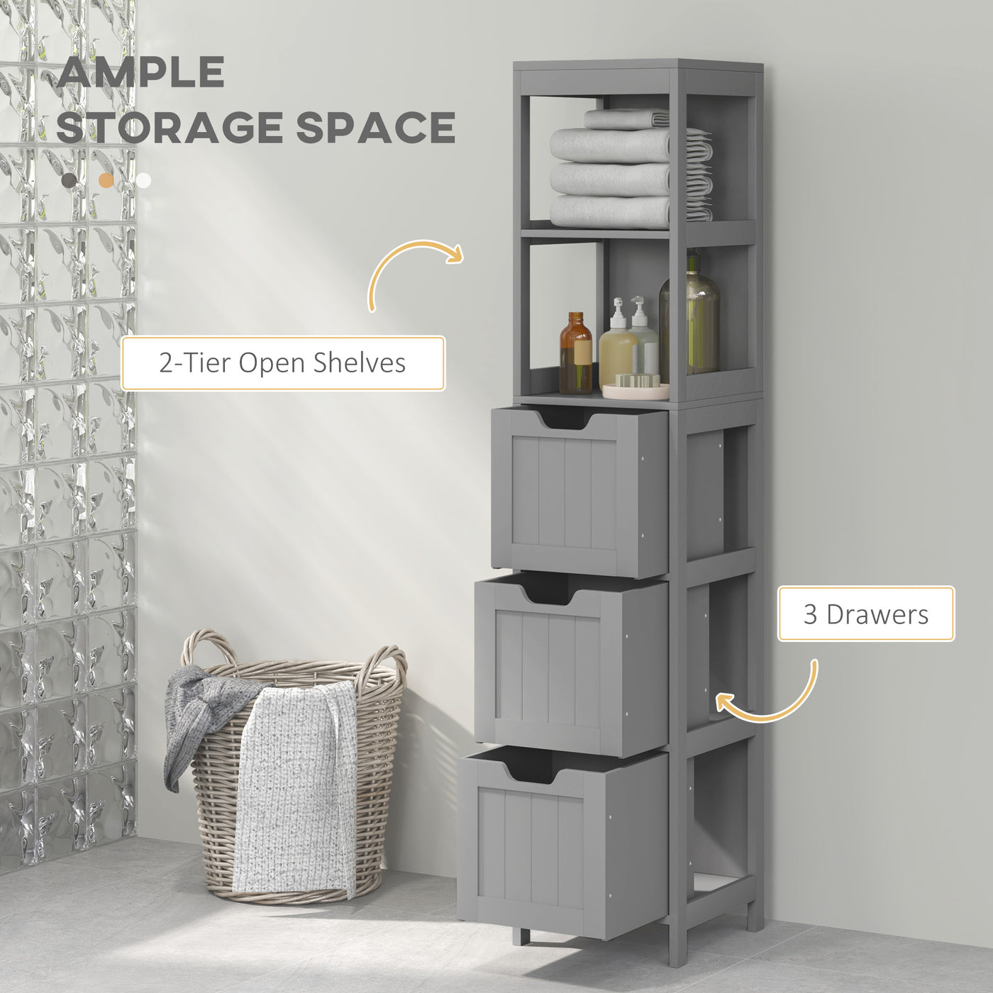 Narrow Bathroom Cabinet with 3 Drawers and 2 Tier Shelf, Tall Cupboard Freestanding Linen Tower, Grey