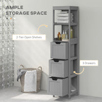 Narrow Bathroom Cabinet with 3 Drawers and 2 Tier Shelf, Tall Cupboard Freestanding Linen Tower, Grey