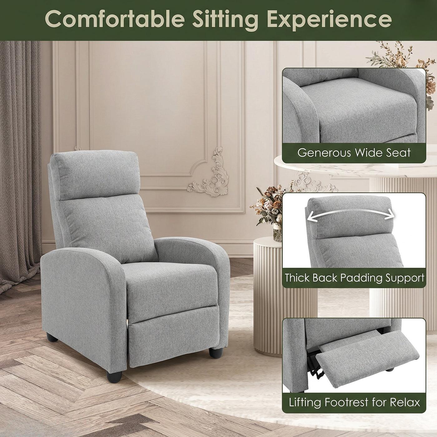 Manual Recliner Sofa Manual Home Theater Seating, Single Linen-Touch Sofa Armchair for Living Room, Light Grey