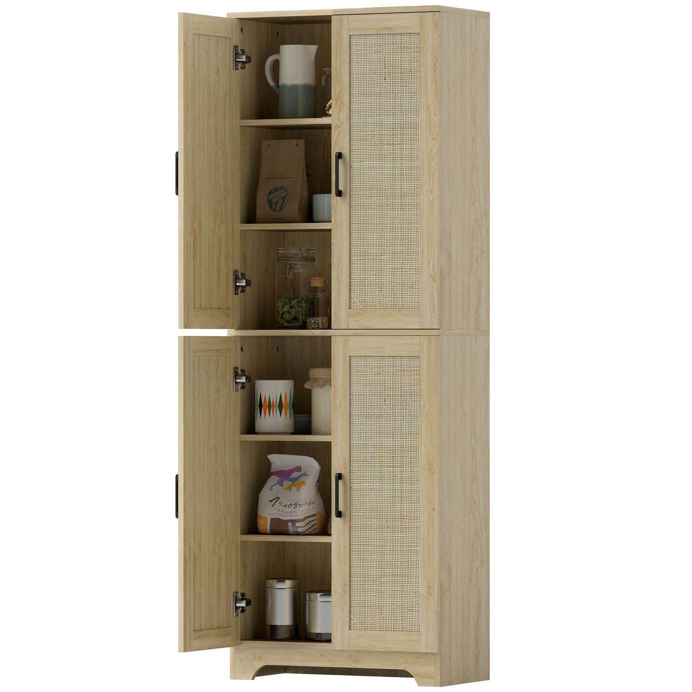 67" Tall Kitchen Pantry, Freestanding Kitchen Storage Cabinet with 4 Rattan Doors and Adjustable Shelves, Oak