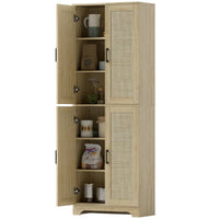 67" Tall Kitchen Pantry, Freestanding Kitchen Storage Cabinet with 4 Rattan Doors and Adjustable Shelves, Oak