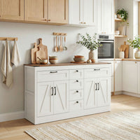 Sideboard Buffet Cabinet, 55" Farmhouse Kitchen Cabinet with 4 Barn Doors, 6 Drawers and 2 Adjustable Shelves, White