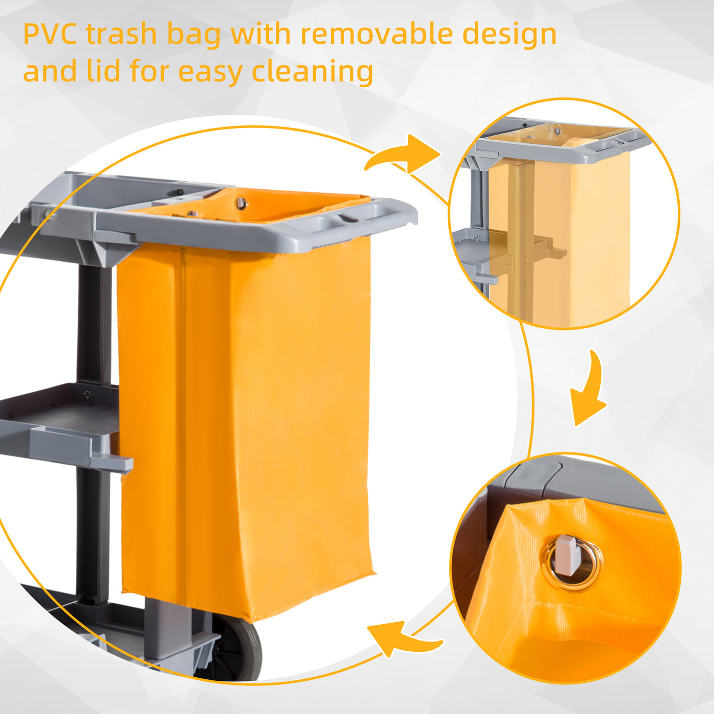 Janitorial Cart with 3 Shelves, Cleaning Cart on Wheels with Rubbish Bag and Mop Holders for Hotel, Housekeeping, Grey