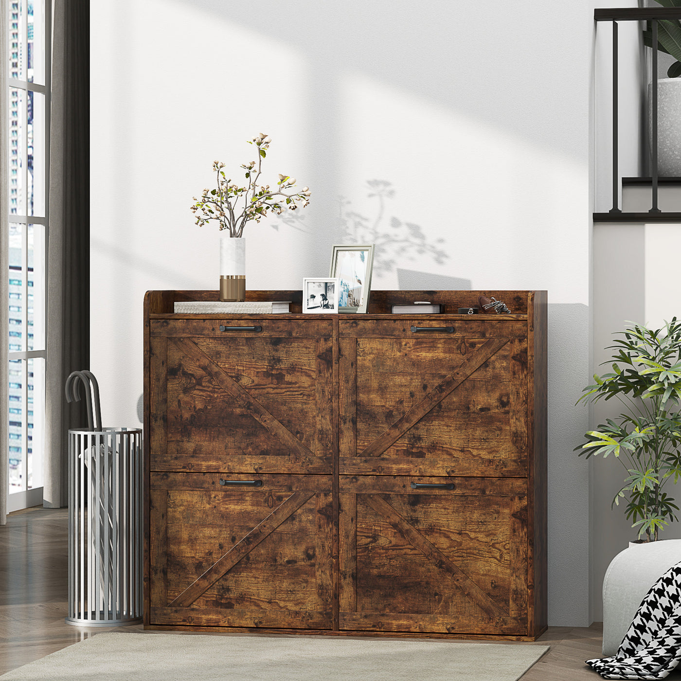 Narrow Shoe Storage Cabinet with 4 Flip Drawers, Adjustable Shelves, 16 Pair Farmhouse Shoe Cabinet, Rustic Brown