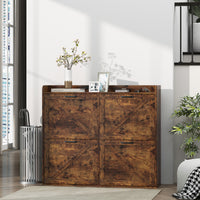Narrow Shoe Storage Cabinet with 4 Flip Drawers, Adjustable Shelves, 16 Pair Farmhouse Shoe Cabinet, Rustic Brown