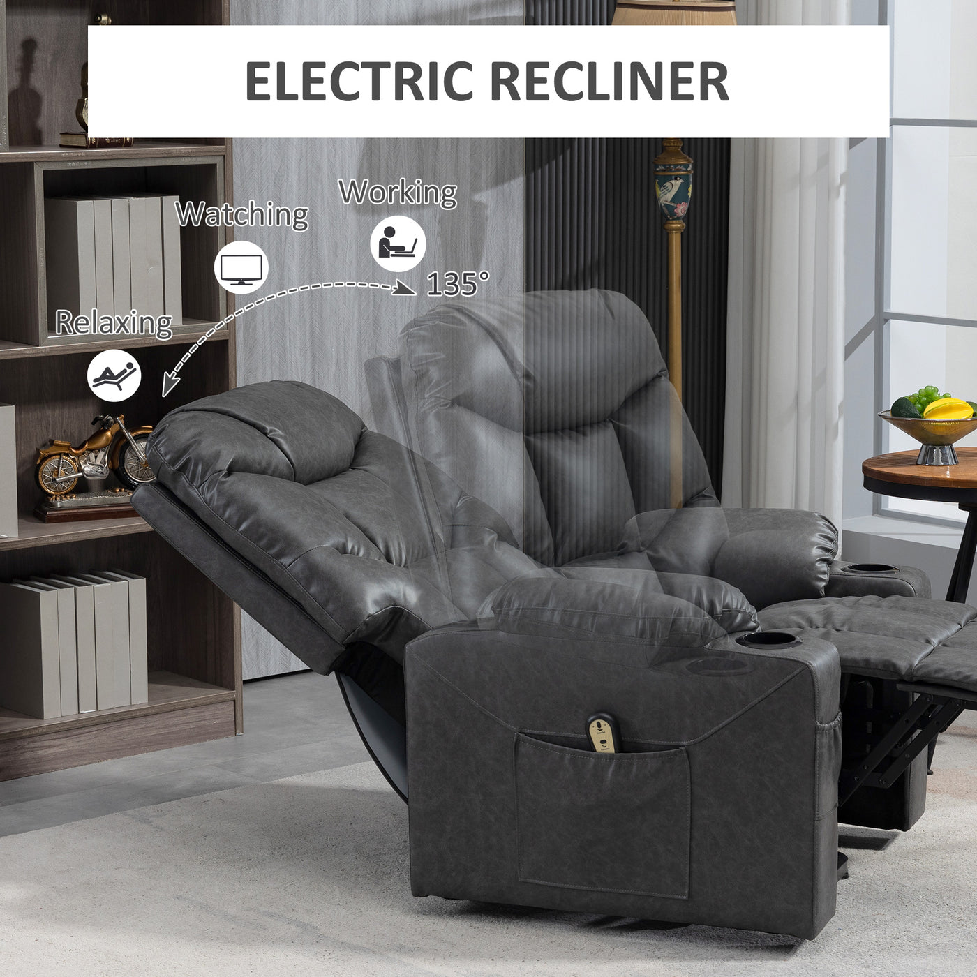 Lift Chair for Elderly, PU Leather Electric Recliner Chair with Quick Assembly, Remote, Cup Holders, Side Pockets, Grey