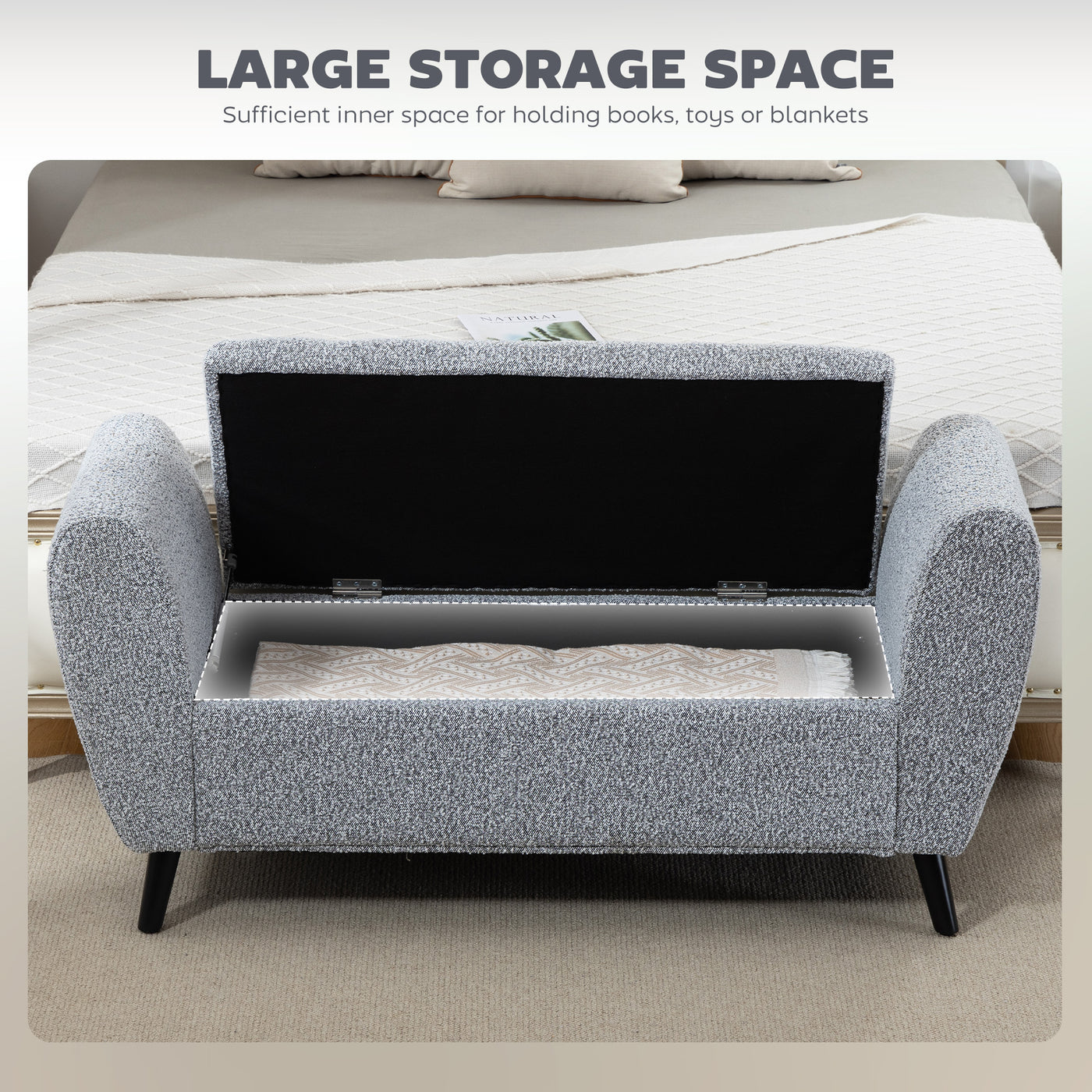 Upholstered Storage Bench with Arms, Modern Ottoman Bench for Bedroom, Entryway, and Living Room, Grey