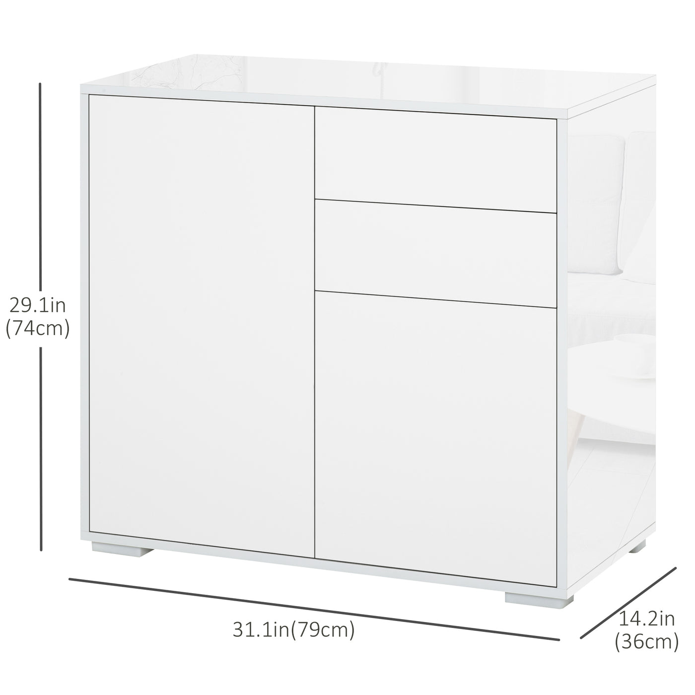 High Gloss Buffet Sideboard with 2 Drawers, 2 Doors and Adjustable Shelf, Kitchen Storage Cabinet with Push Open Design, White