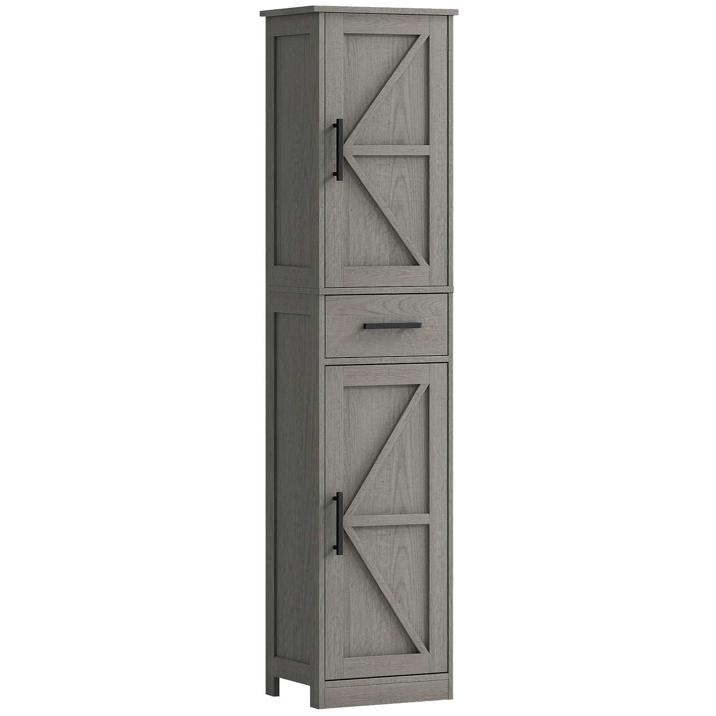 67" Tall Bathroom Cabinet, Narrow Bathroom Storage Cabinet with Drawer, Barn Doors and Adjustable Shelves, Dark Grey