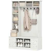 Hall Tree with Bench and Shoe Storage, Entryway Bench with Coat Rack, 12 Shelves, 2 Cabinets, 5 Hooks, White Wood Grain