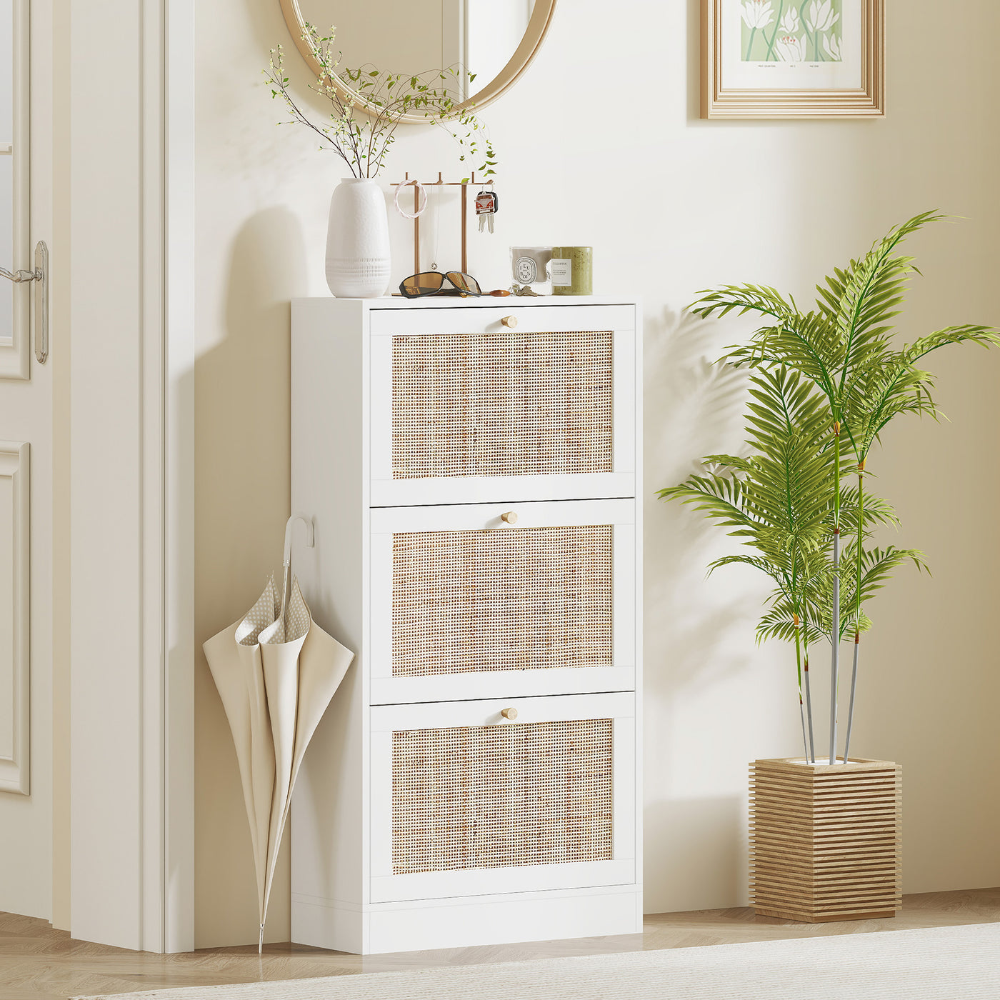 Rattan Shoe Storage Cabinet with 3 Flip Drawers and Adjustable Shelves, Entryway Shoe Cabinet for 18 Pairs, White
