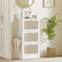 Rattan Shoe Storage Cabinet with 3 Flip Drawers and Adjustable Shelves, Entryway Shoe Cabinet for 18 Pairs, White