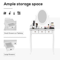 Wooden Vanity Table Set, Makeup Dressing Table with 360° Rotating, 5 Drawers and Padded Stool, White