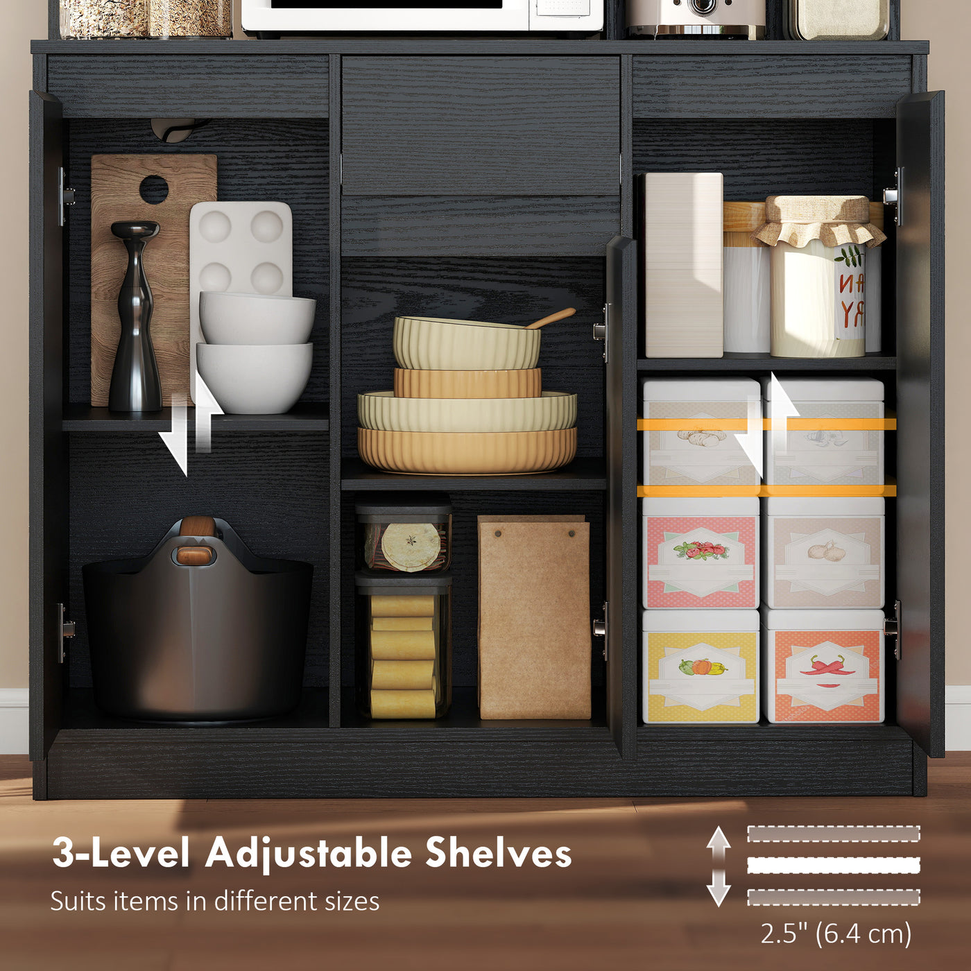 71" Pantry Cabinet with Charging Station, Kitchen Storage Cabinet with Microwave Stand, Pegboard, 6 S-hooks, Black