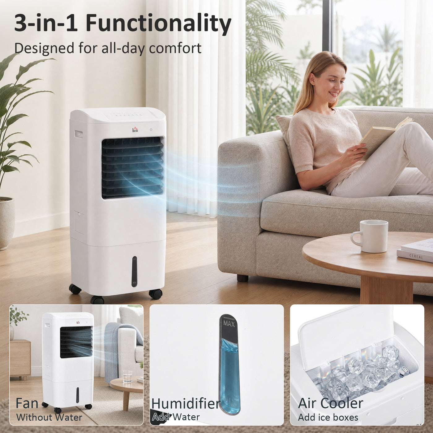 Cooling Fan for Bedroom with Ice Pack, Tower Fan with Remote Control, 3 Modes, 3 Speeds, 7.5H Timer, White