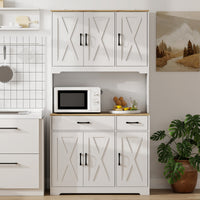 Tall Kitchen Pantry, 6 Doors, 2 Drawers, Adjustable Shelves & Worktop, Rustic Storage Cabinet for Living Room White