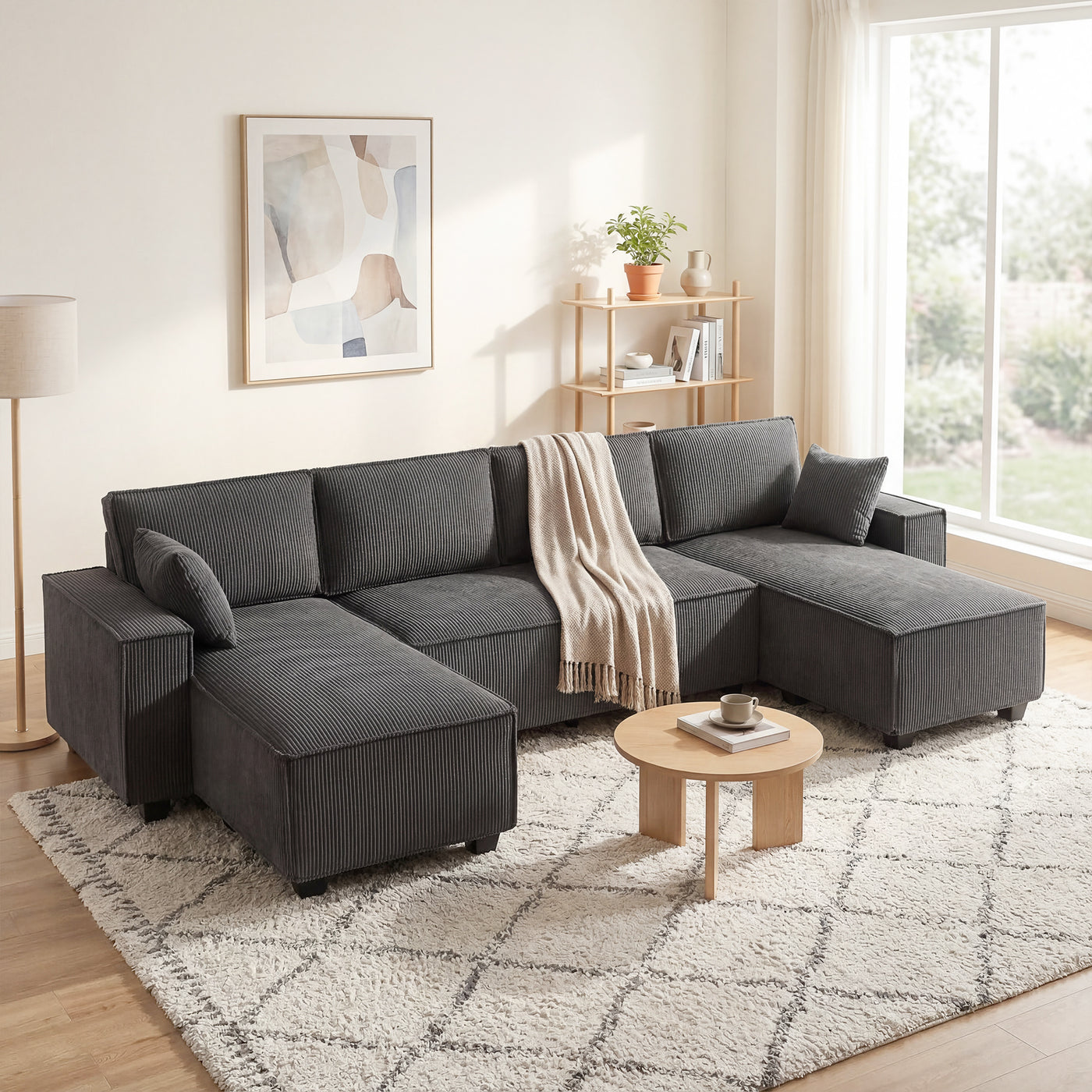 Modular U Shaped Couch, Sectional Sofa with Double Chaises and Spring Cushions, Dark Grey