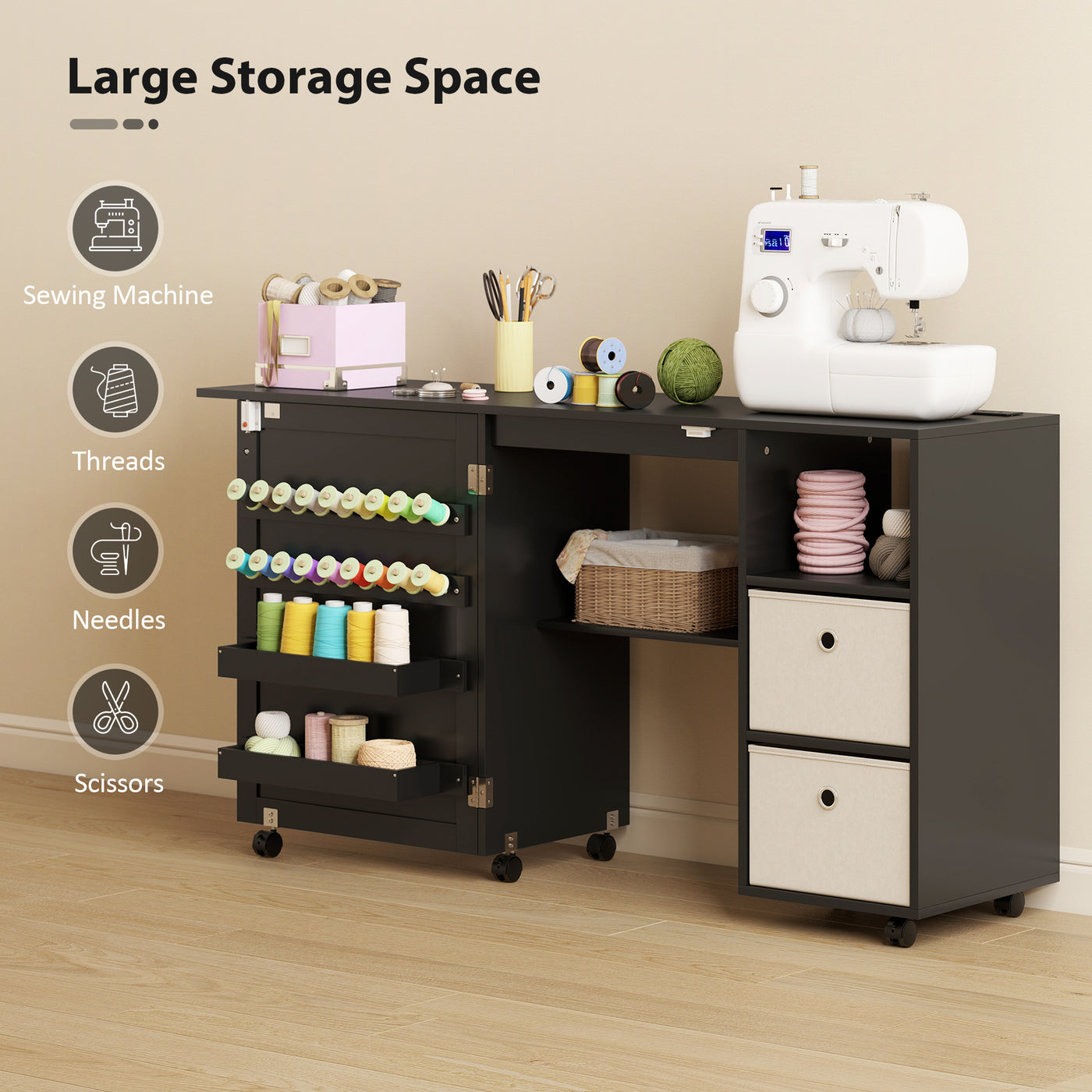 Rolling Sewing Machine Table with Power Outlet, Folding Craft Table with 2 Fabric Drawers, 2 Bins and 18 Pegs, Black
