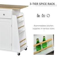 Rolling Kitchen Island Trolley Storage Cart with Rubber Wood Top, 3-Tier Spice Rack, Towel Rack Home Kitchen Carts, White