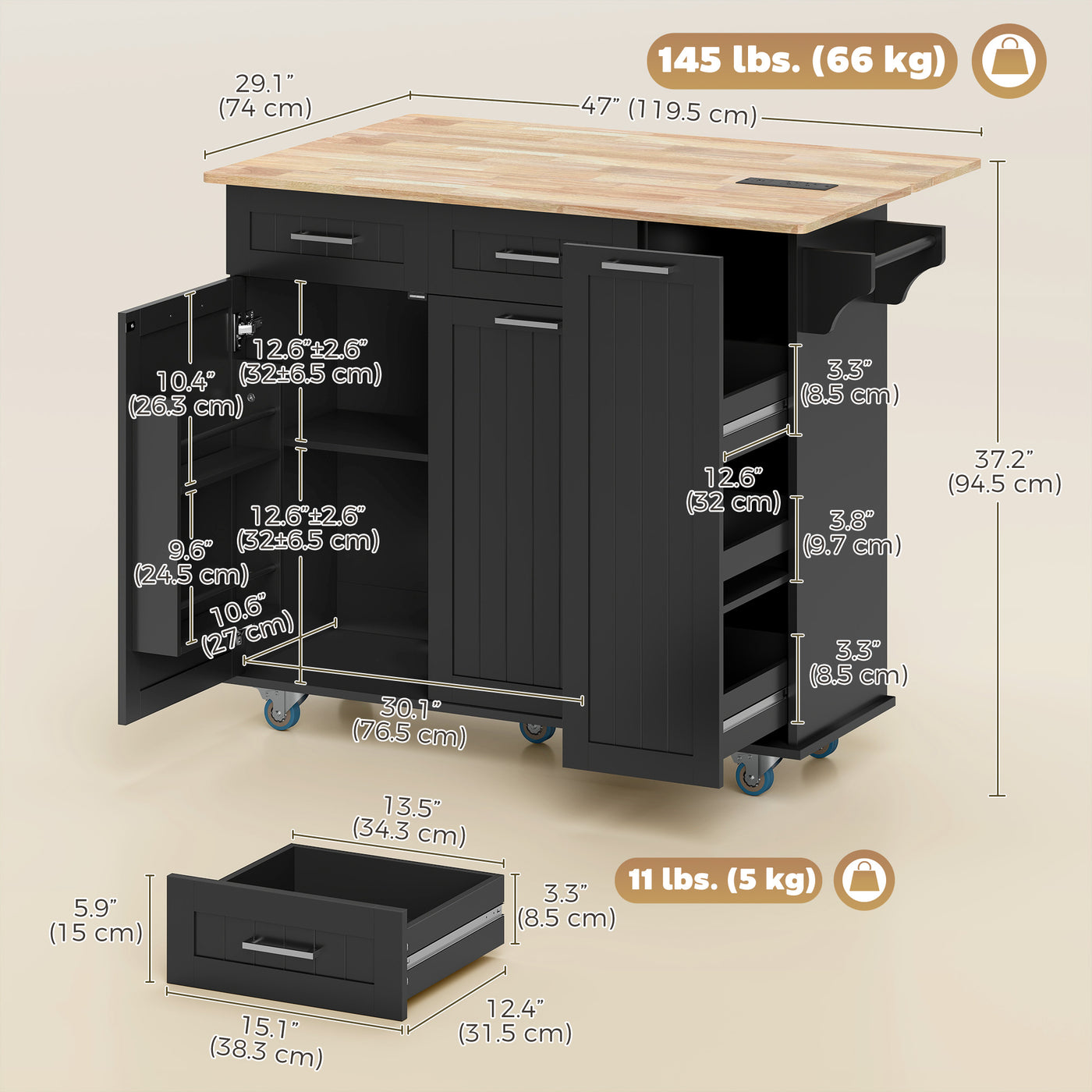 Kitchen Island on Wheels with Wood Drop Leaf, Charging Station, Rolling Kitchen Cart with Adjustable Shelf, Black