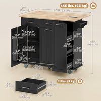 Kitchen Island on Wheels with Wood Drop Leaf, Charging Station, Rolling Kitchen Cart with Adjustable Shelf, Black