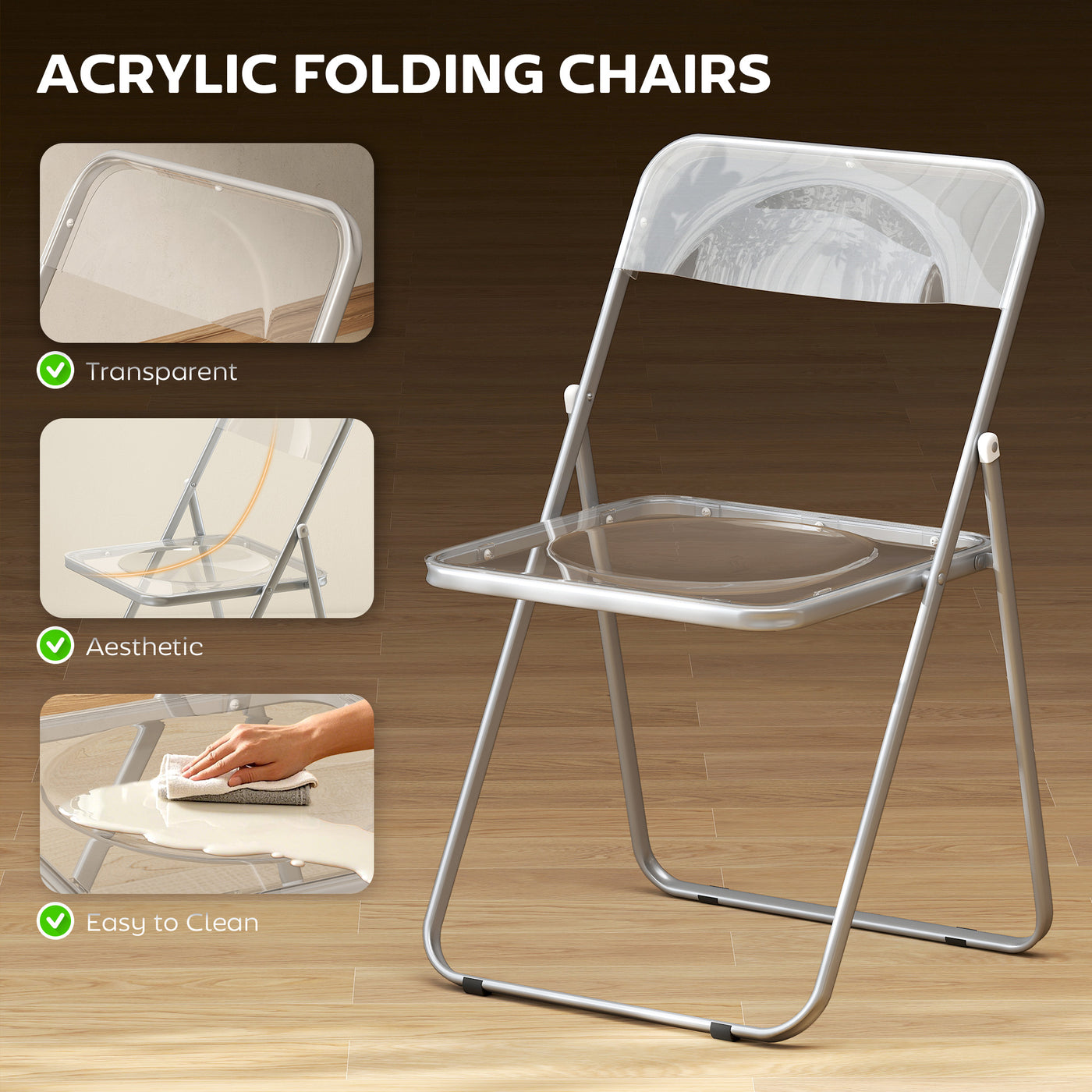 4 Pack Acrylic Foldable Chairs, Transparent Folding Chairs for Living Room, Home Office, Party, Clear