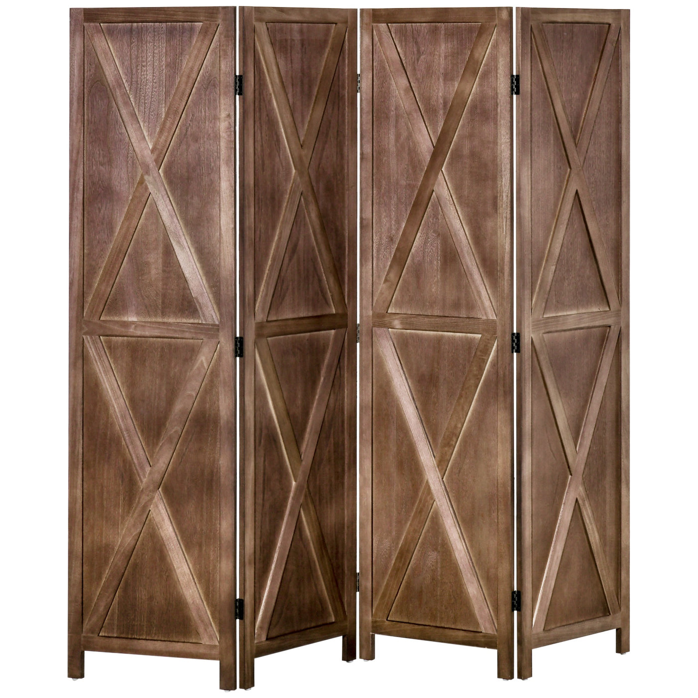 4-panel Wall Partition Farmhouse Room Separator with Foldable Design Wooden Frame 5.6FT, Walnut