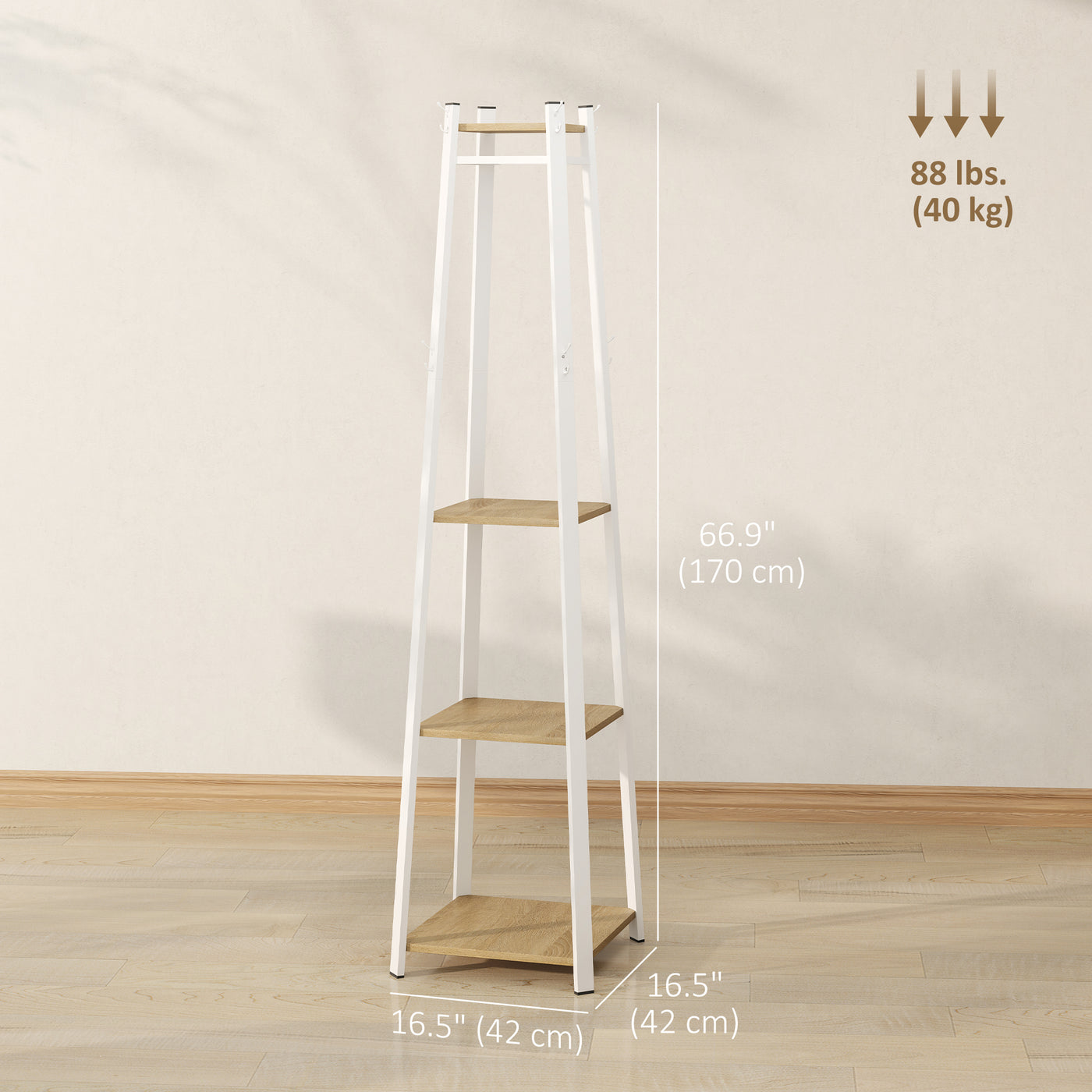 Clothes Rack with Storage, Garment Rack with 8 Hooks and 3-Tier Shelf, Clothes Stand for Bedroom, Entryway, Oak
