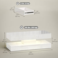 Coffee Table with Adjustable LED Lights, Center Table with 2 Drawers, Open Shelf, Remote, High Gloss Marble-Effect White