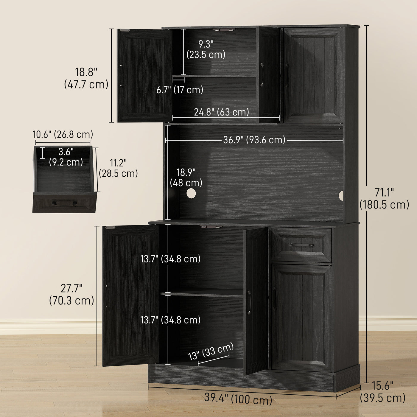 71" Pantry Cabinet with Charging Station, Kitchen Storage Cabinet with Microwave Stand, Adjustable Shelves, Black