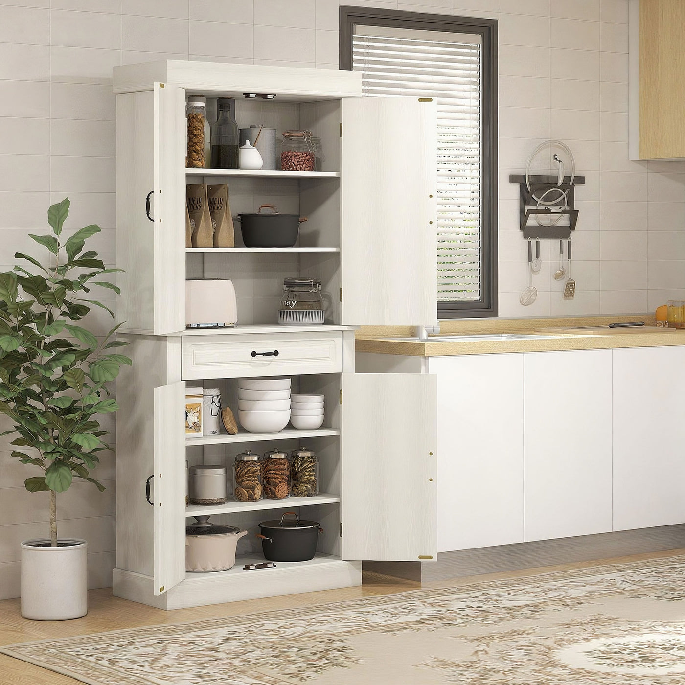 71" Freestanding Kitchen Pantry with 4 Doors and 2 Cabinets, Tall Storage Cabinet for Kitchen, Distressed White