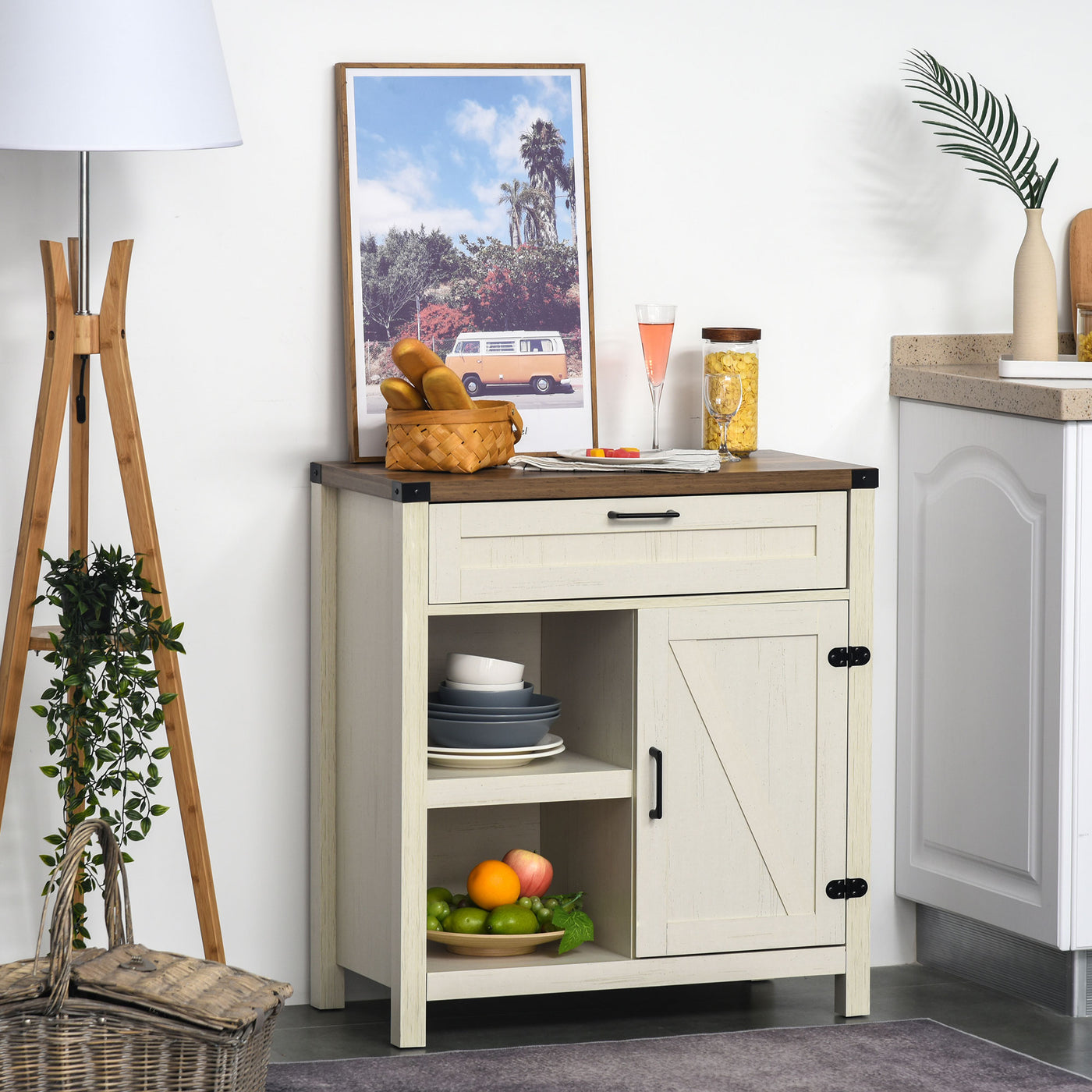 Rustic Barn Door Storage Cabinet Modern Farmhouse Buffet Sideboard for Kitchen and Dining Room White