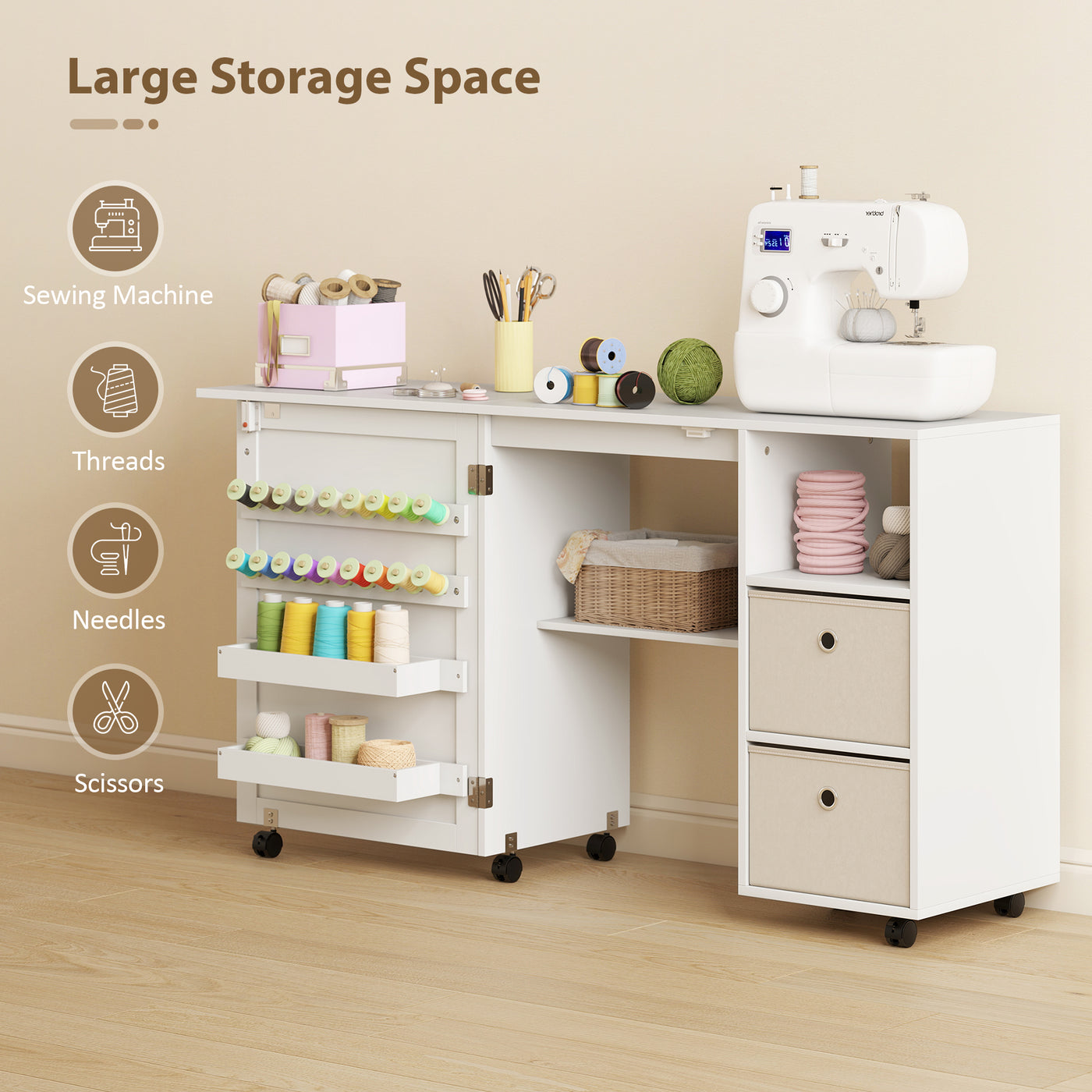 Rolling Sewing Machine Table with Power Outlet, Folding Craft Table with 2 Fabric Drawers, 2 Bins and 18 Pegs, White