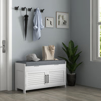 Entryway Bench with Cushion, Hidden Storage, Adjustable Shelves and Shutter Doors, 35.4" Shoe Bench, White