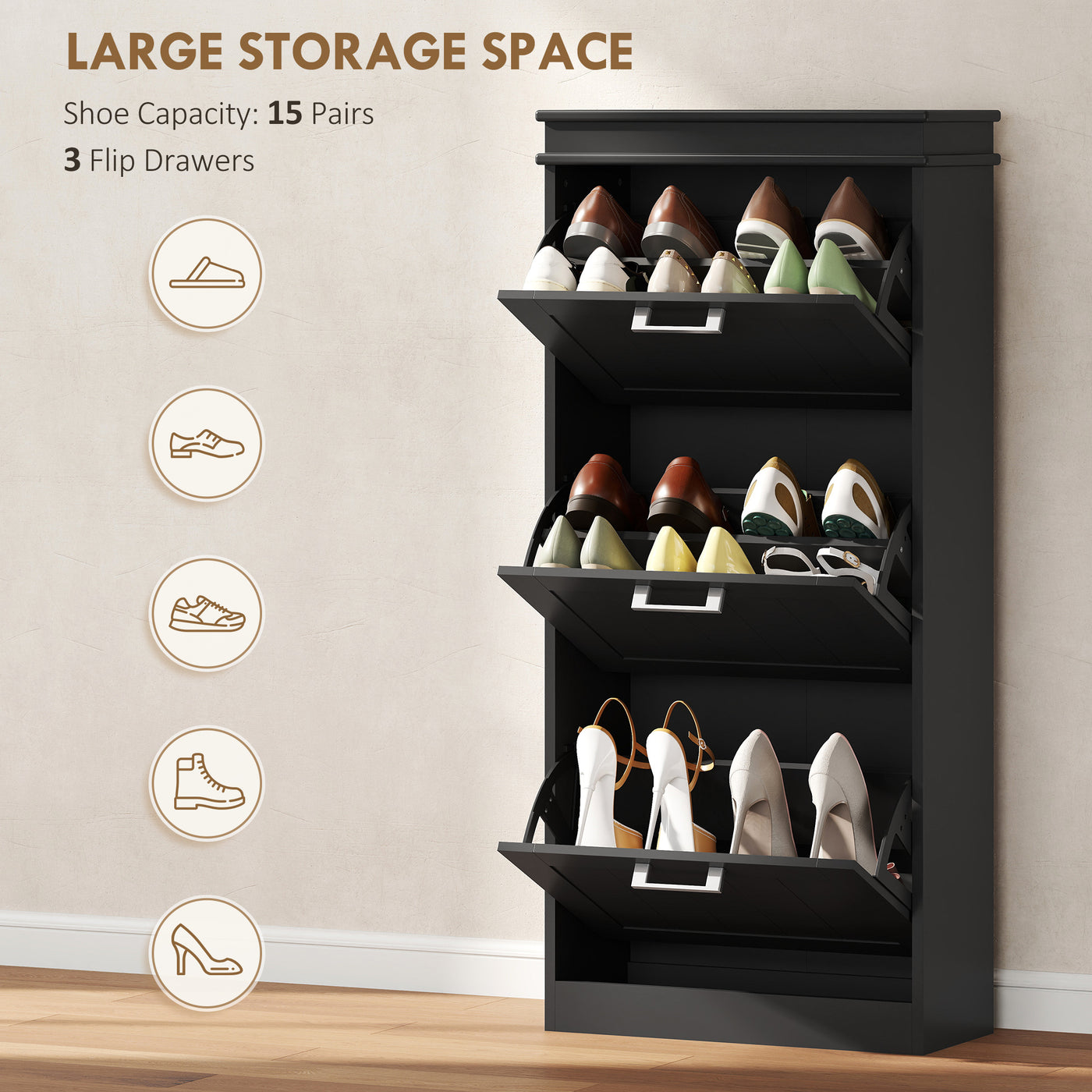 Slim Shoe Cabinet with 3 Flip Drawers and Adjustable Shelves, Narrow Shoe Cabinet for 15 Pairs of Shoes, Black