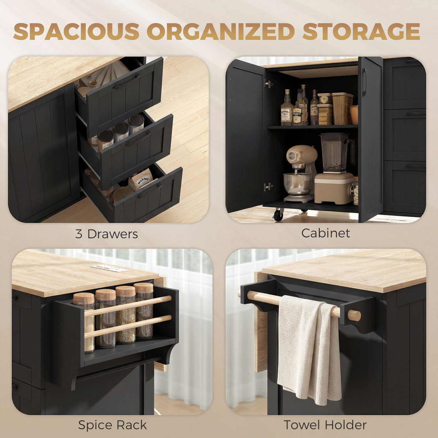 Kitchen Island with Drop Leaf, Rolling Kitchen Cart with Power Outlet, Cabinet, 3 Drawers, Spice Rack, Towel Bar, Black