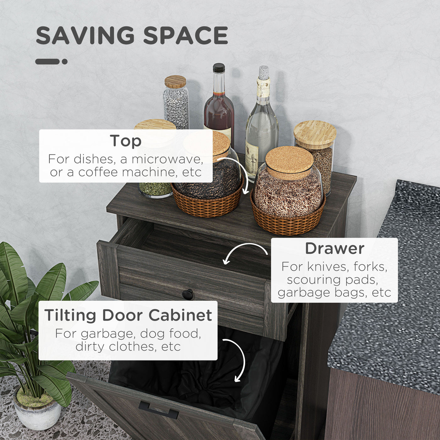 Kitchen Tilt Out Trash Bin Cabinet, Free Standing Recycling Cabinet, Trash Can Holder with Drawer, Charcoal Grey