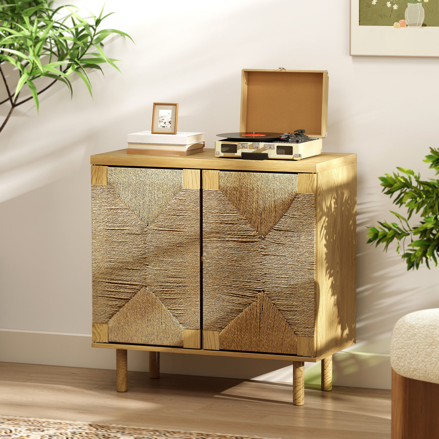 Handwoven Rope Accent Cabinet Boho Sideboard Buffet Cabinet with Push to Open Doors Adjustable Shelf Pine Wood Legs Oak