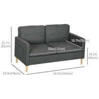 56" 2 Seat Sofa, Modern Love Seats Furniture, Upholstered 2 Seater Couch with Side Pockets, Solid Wood Frame, Grey