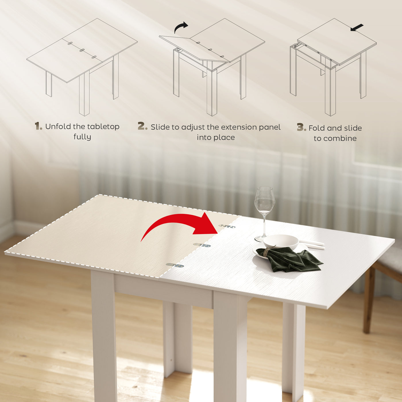 55" Extendable Dining Table for 4-6 Person, Kitchen Table with PU Handle and Felt Pads for Small Spaces, White
