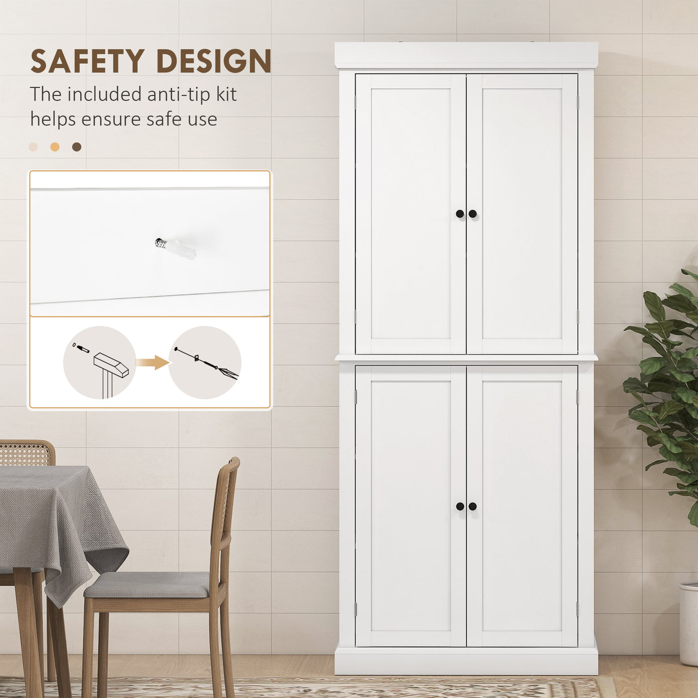 72.5" Freestanding Kitchen Pantry Cabinet with 4 Doors, White