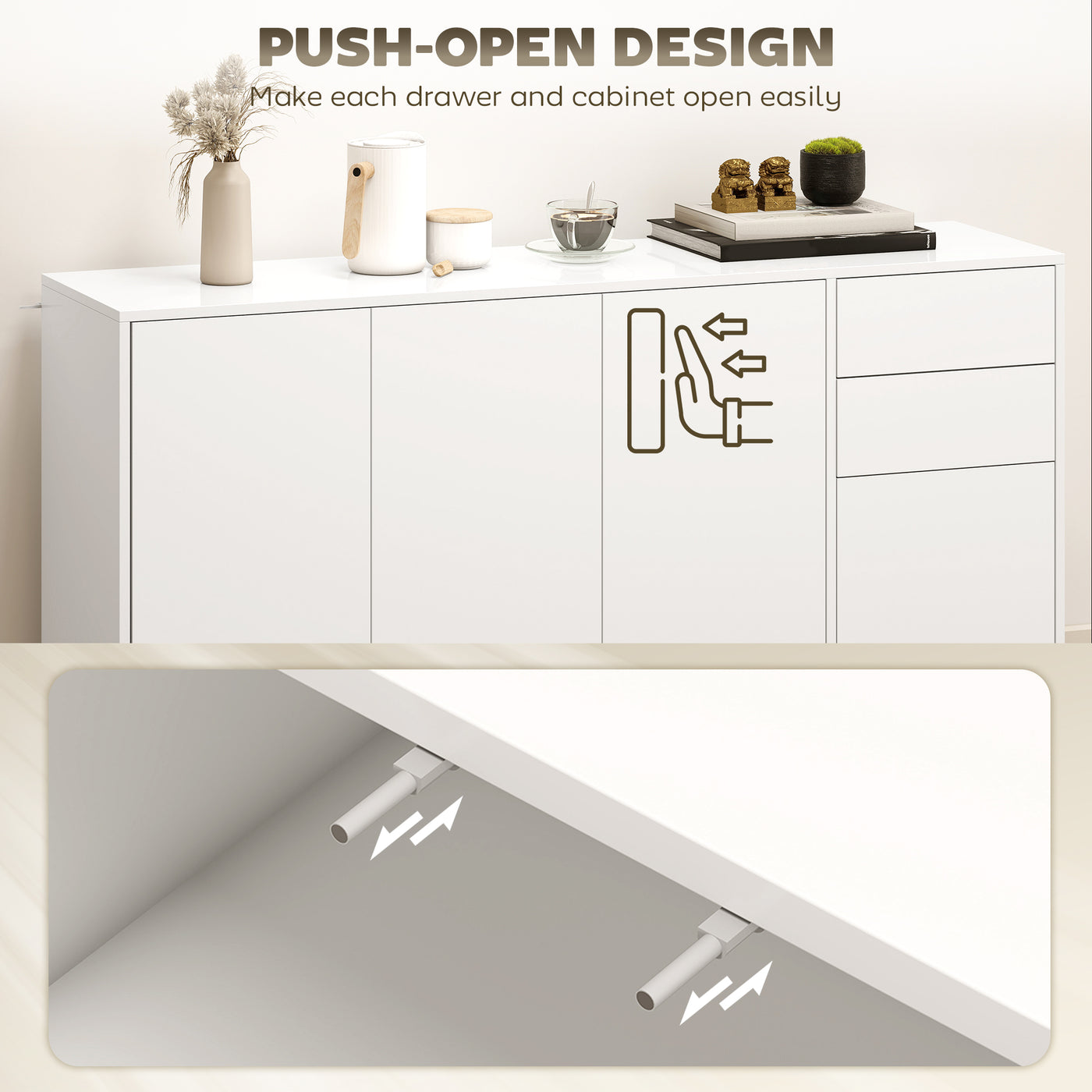 Kitchen Sideboard Storage Cabinet, Modern Coffee Bar Cabinet with Push-Open Design and 2 Drawers for Living Room, White