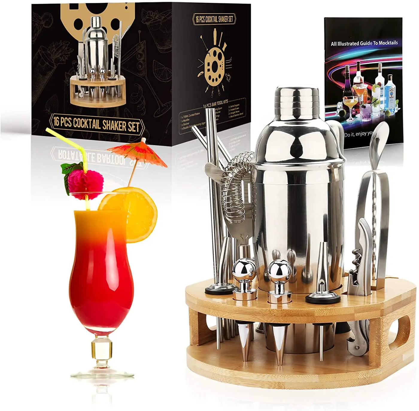 Cocktail Shaker Making Set,16pcs Bartender Kit For Mixer Wine Martini, Stainless Steel Bar Tools, Home Drink Party Accessories