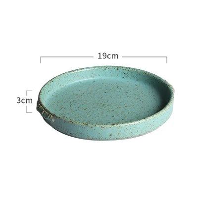 KINGLANG  Japanese Green Color Retro Handmade Ceramic Plates Single Home Restaurant Teacup Round Steak Plate Rice Salad Bowl