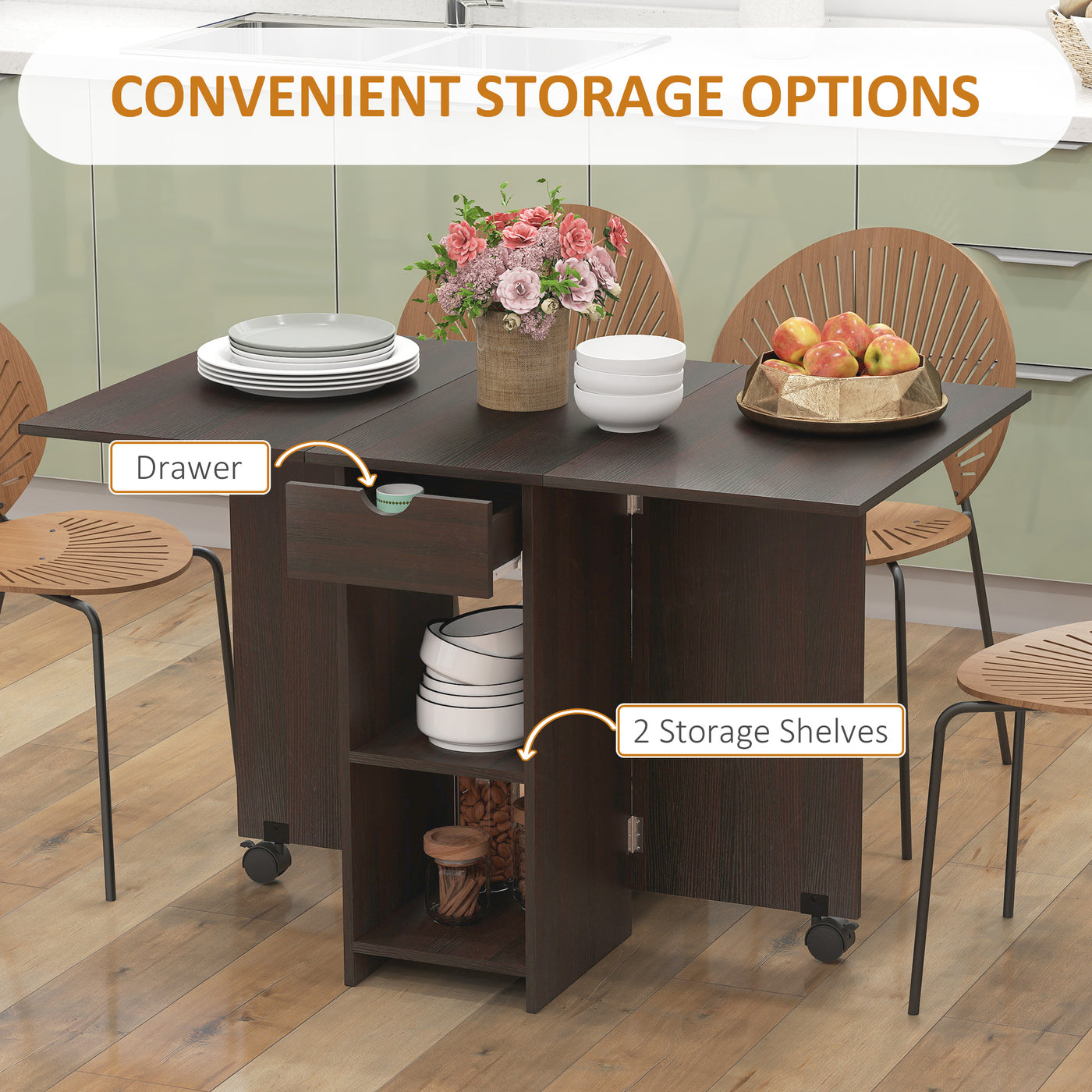 Folding Dining Table, Space Saving Drop Leaf Table with Drawer and Storage Shelves for Kitchen, Dining Room, Dark Brown