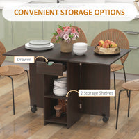 Folding Dining Table, Space Saving Drop Leaf Table with Drawer and Storage Shelves for Kitchen, Dining Room, Dark Brown