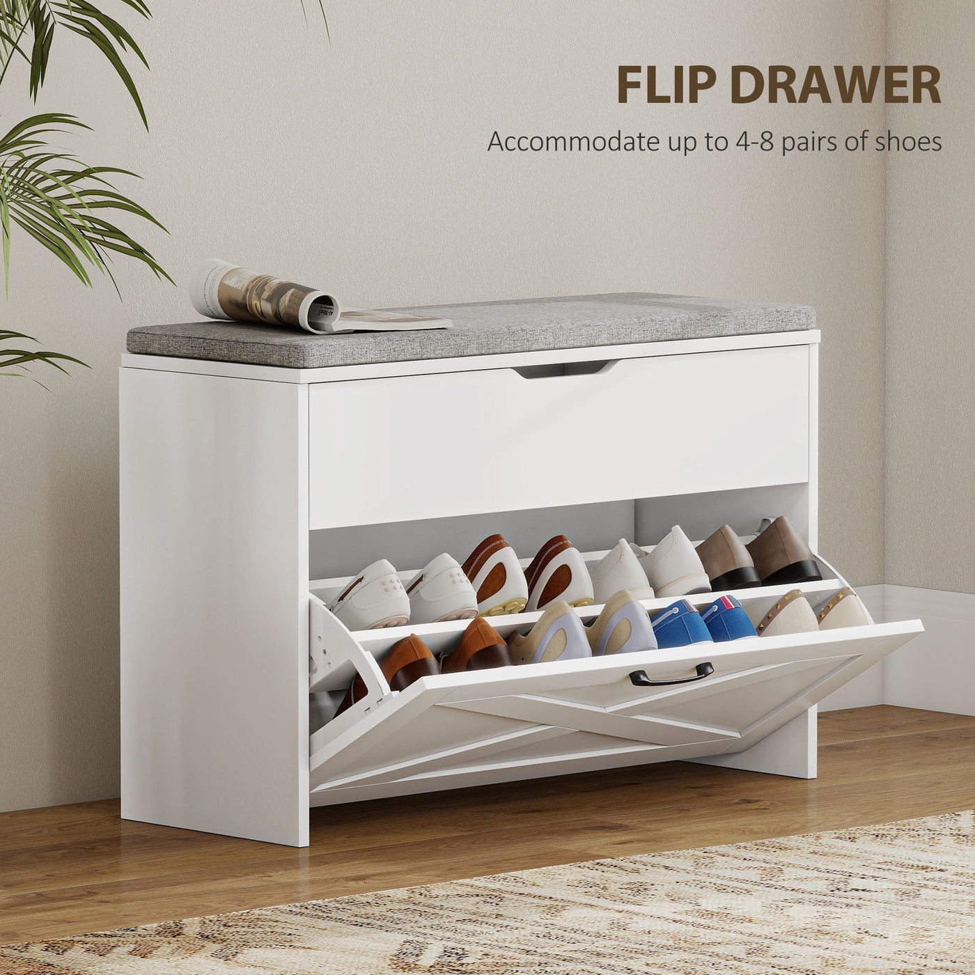 Shoe Storage Bench with Flip Drawer and Lift Top Storage, Entryway Bench with Seat Cushion for Hallway, White