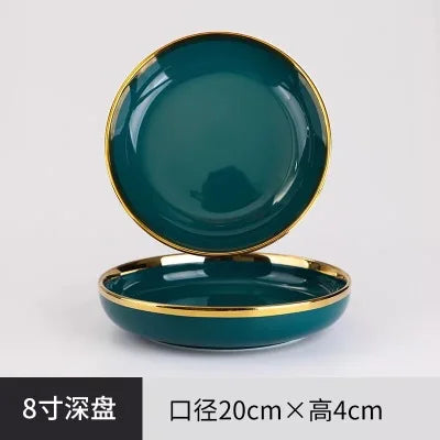 MT Nordic Light luxury golden border ceramic dishes dishes tableware high grade grandmother green household dishes steak plate